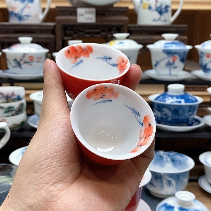 手绘2个装龙船花杯子60cc釉下彩微瑕福利款