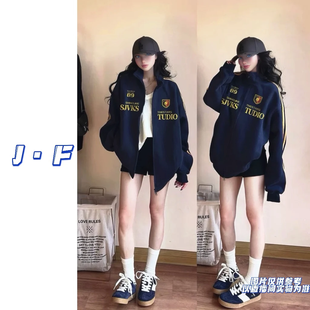 JF定制大码女装美式学院风撞色立领拉链卫衣外套2522
