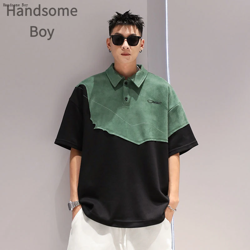 大码秋季潮流宽松百搭男士polo衫 美式复古拼色麂皮绒拼接短袖POL