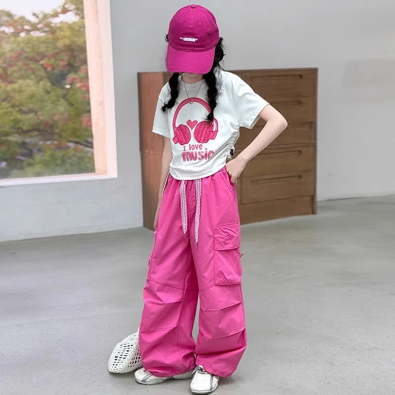 女童夏季新款设计感耳机刺绣抽绳短袖时尚火龙果色工装裤套装韩版