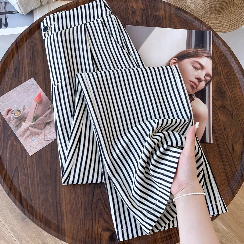 拉夏贝尔黑白条纹阔腿裤女薄款2025早秋新款高腰小个子窄版直筒裤