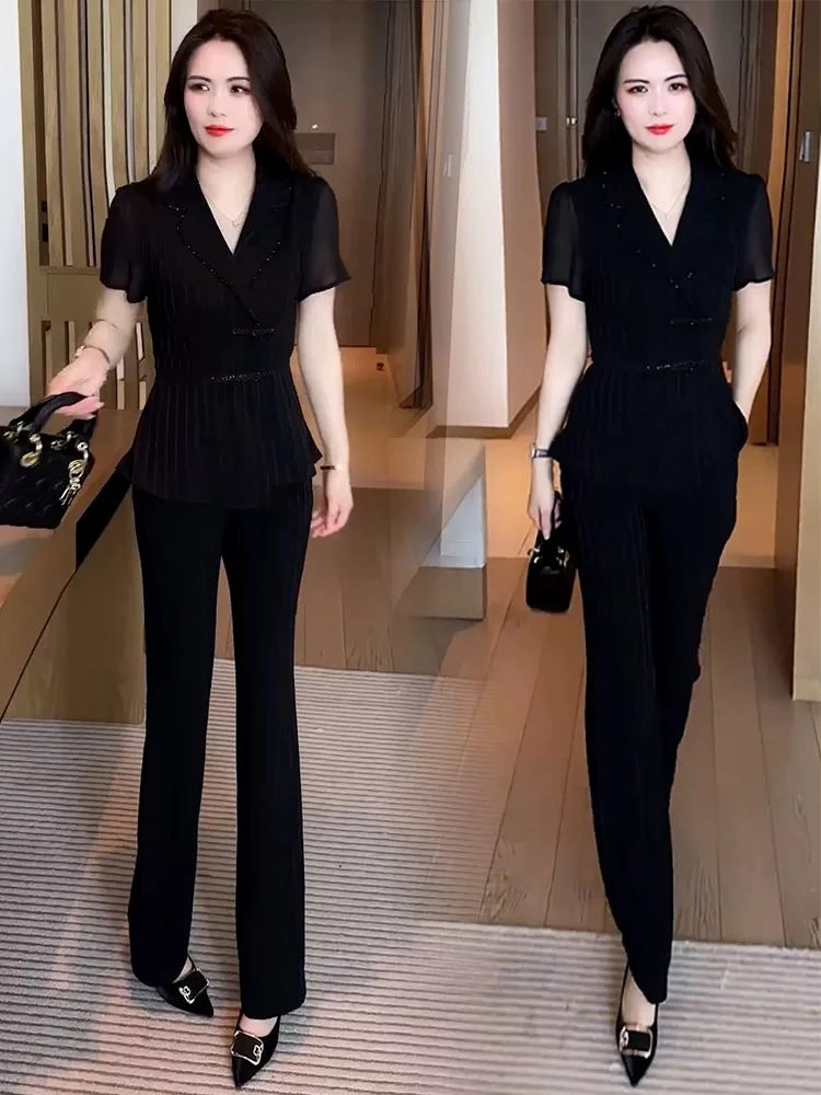 新中式时尚套装女2025夏季新款洋气显瘦盘扣短袖阔腿裤国风两件套
