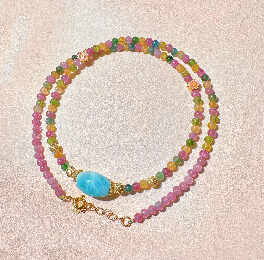 8318天然糖果碧玺项链海纹石锁骨链全净体蓝色轻奢简约彩色糖果色