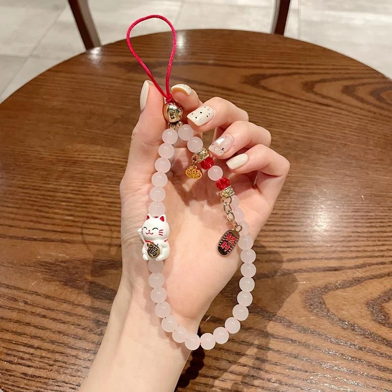 手机挂绳短款手腕绳新年款招财猫饰品手机链挂饰水晶手工串珠链手