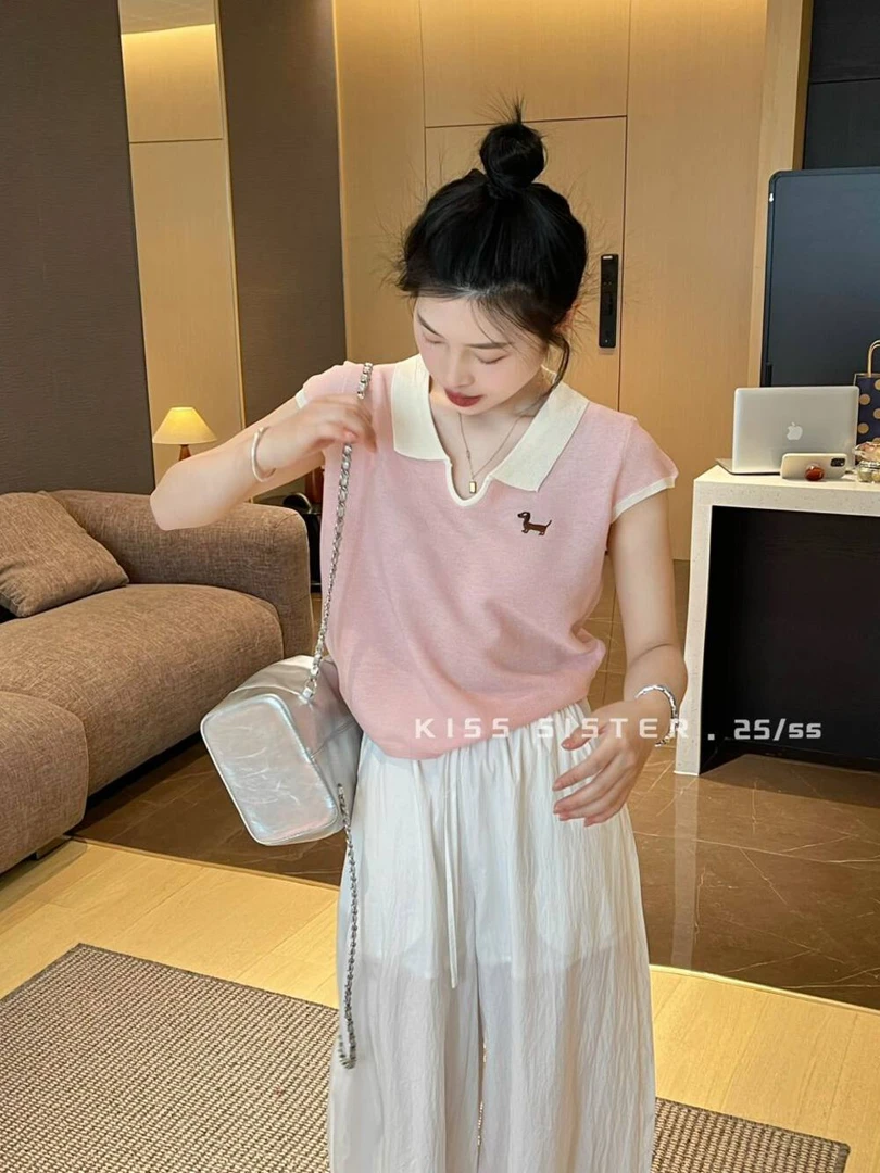 韩系蓝色针织POLO衫冰丝短袖t恤女夏季独特超好看短款翻领上衣