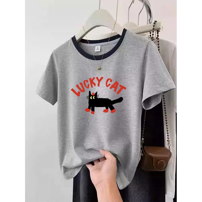 正肩圆领纯棉短袖t恤女2025潮流款拼色灰色减龄时尚休闲外穿上衣