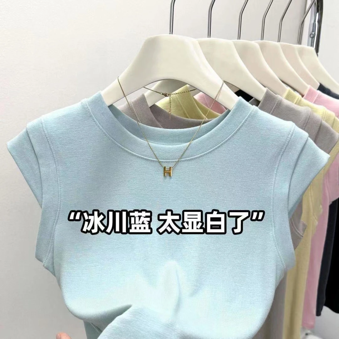 夏季设计感小众圆领短袖t恤女时尚减龄修身百搭无袖上衣ins小个子