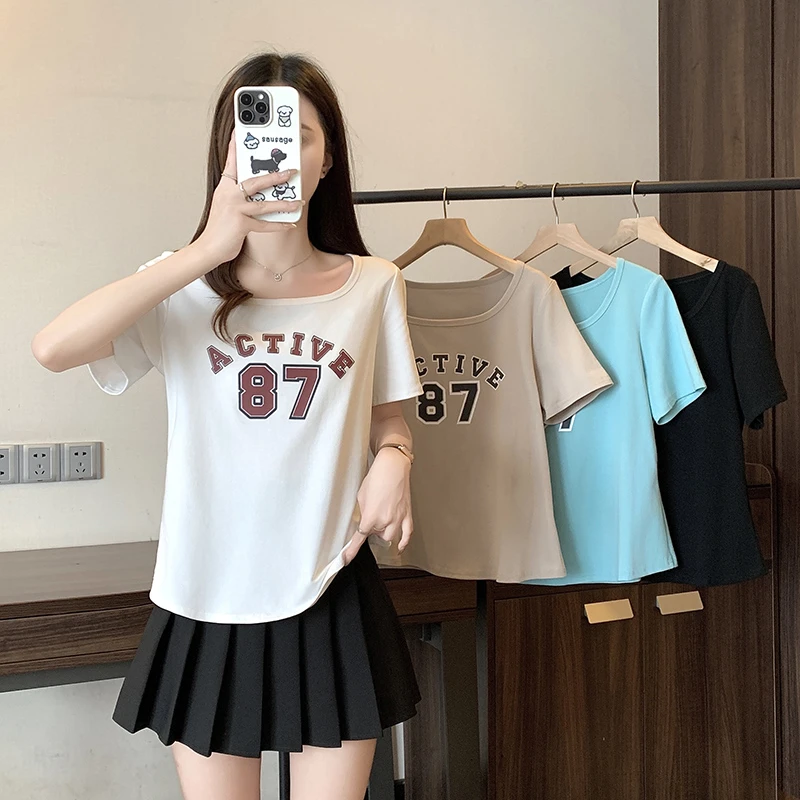 0350（墙）夏装新款胖mm女时尚休闲印花字母不规则u领显瘦短袖T恤