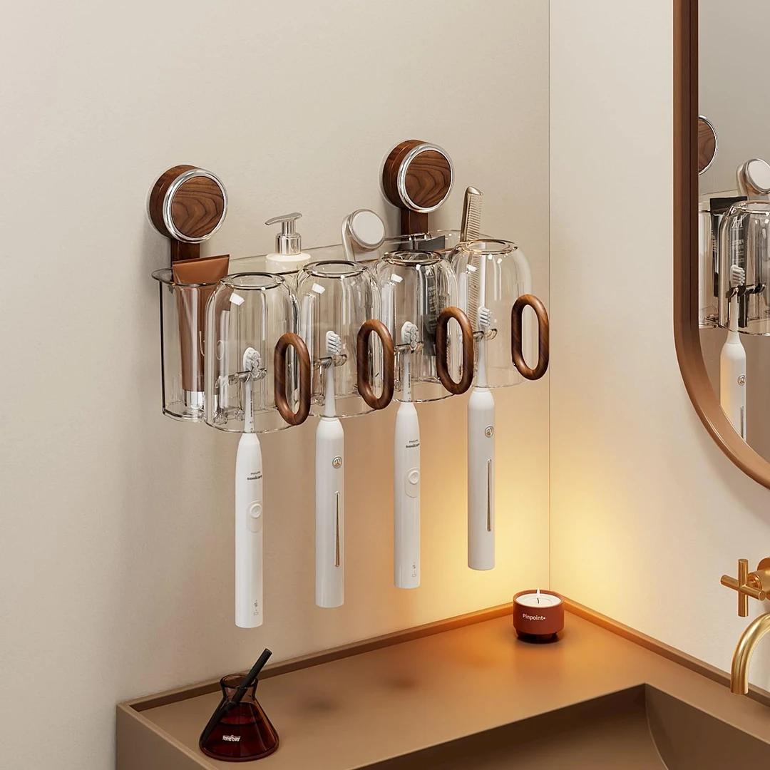 吸盘牙刷置物架中古风卫生间洗漱台免打孔壁挂漱口杯电动牙具架子