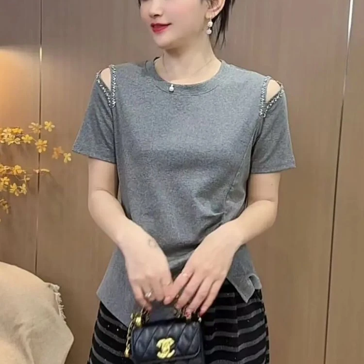 2025新品时尚气质休闲弹力钉珠短袖遮肉显瘦开叉上衣不规则女士T