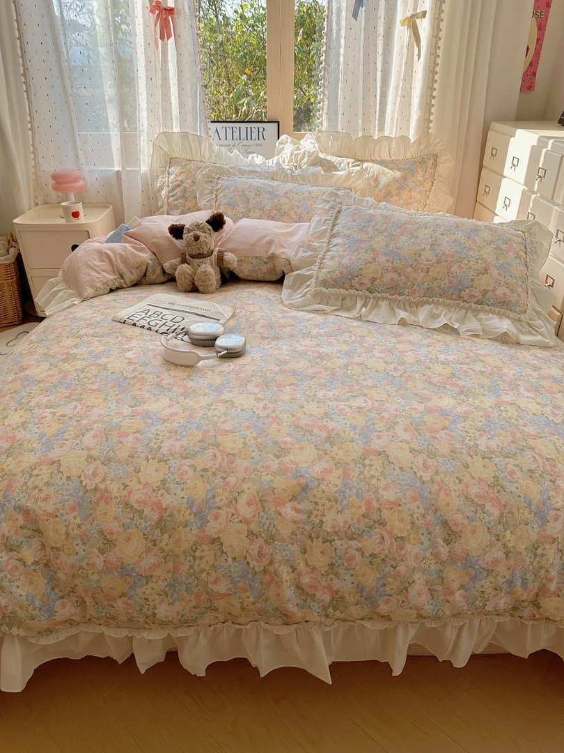 【法式花边款】100%全棉长绒棉印花韩式花边家用成人学生四件套蔓可