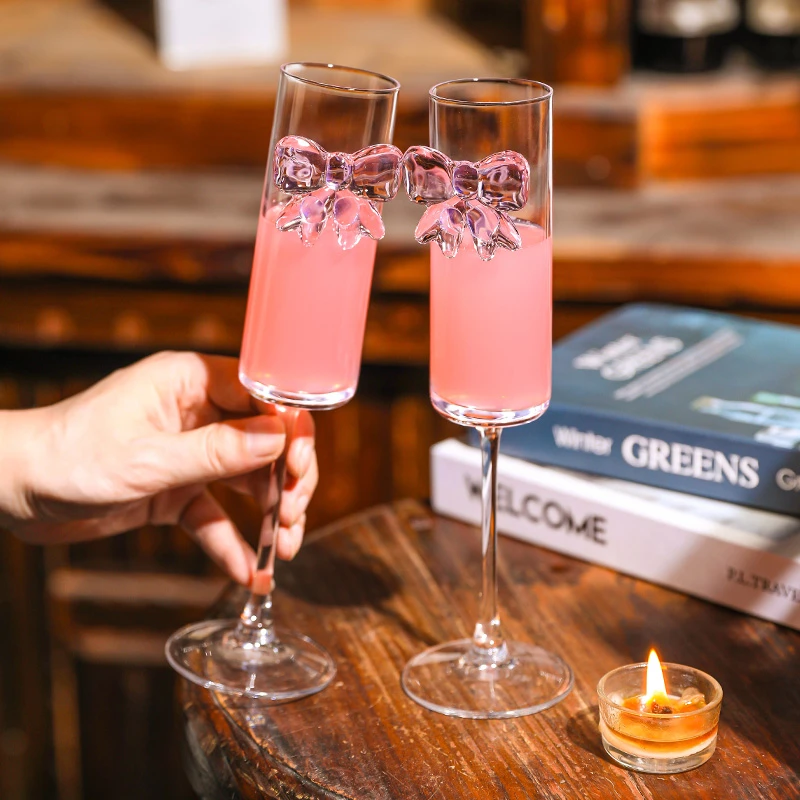 小众ins风粉色蝴蝶节香槟杯红酒杯微醺甜酒果酒杯高脚水晶玻璃杯