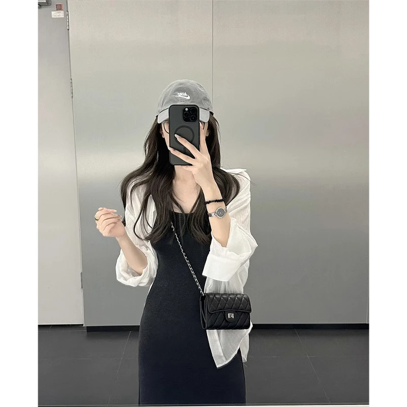 纯色无袖高弹基础背心显瘦连衣裙白色百搭款高级夏季防晒衬衫套装