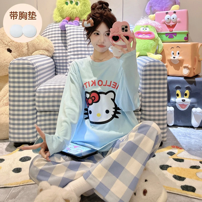 2025新款带胸垫华夫格睡衣女款春秋长袖女孩高初中学生大童家居服