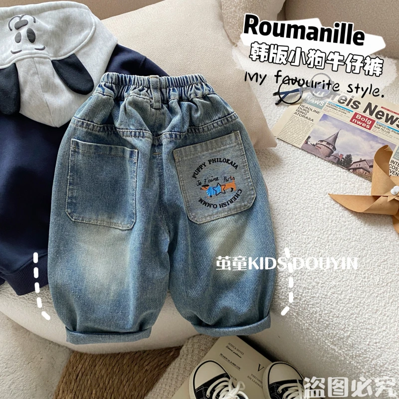 【麦麦妈】C088春秋小童印花小狗牛仔裤春季新品男女宝休闲可爱