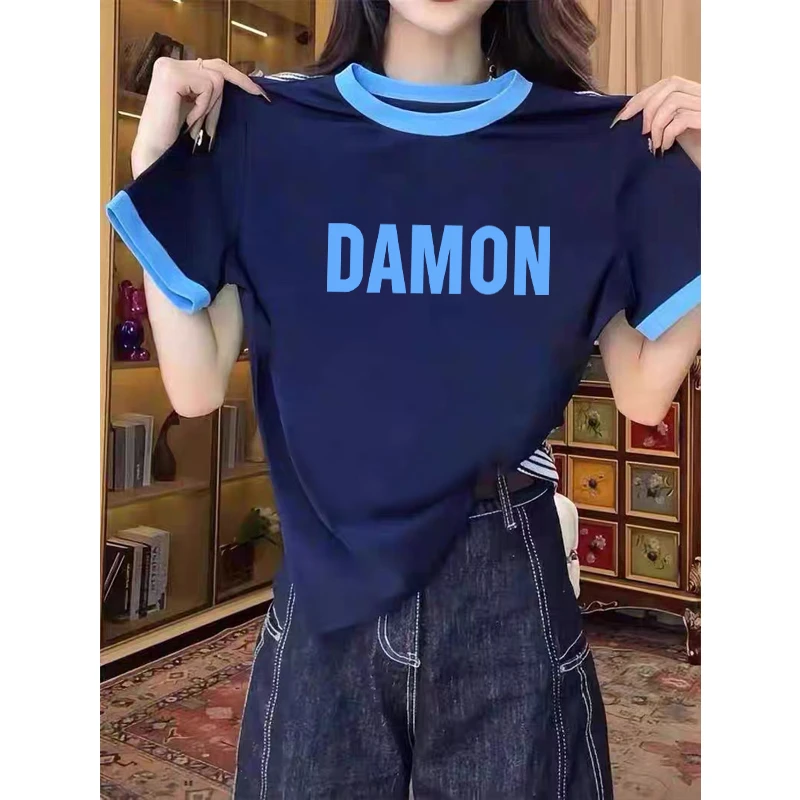 2025新款正肩简约彩色领口拼接撞色t恤短袖小众设计感上衣女夏季