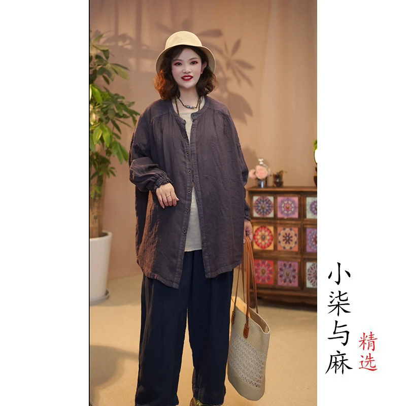 【小柒与麻】100%进口干洗亚麻落肩袖小衫（衣长75胸围146）