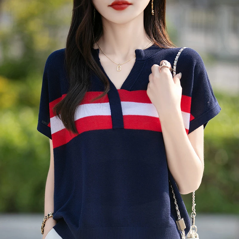 落肩小飞袖·莱赛尔运动休闲风V领针织衫套头款女夏