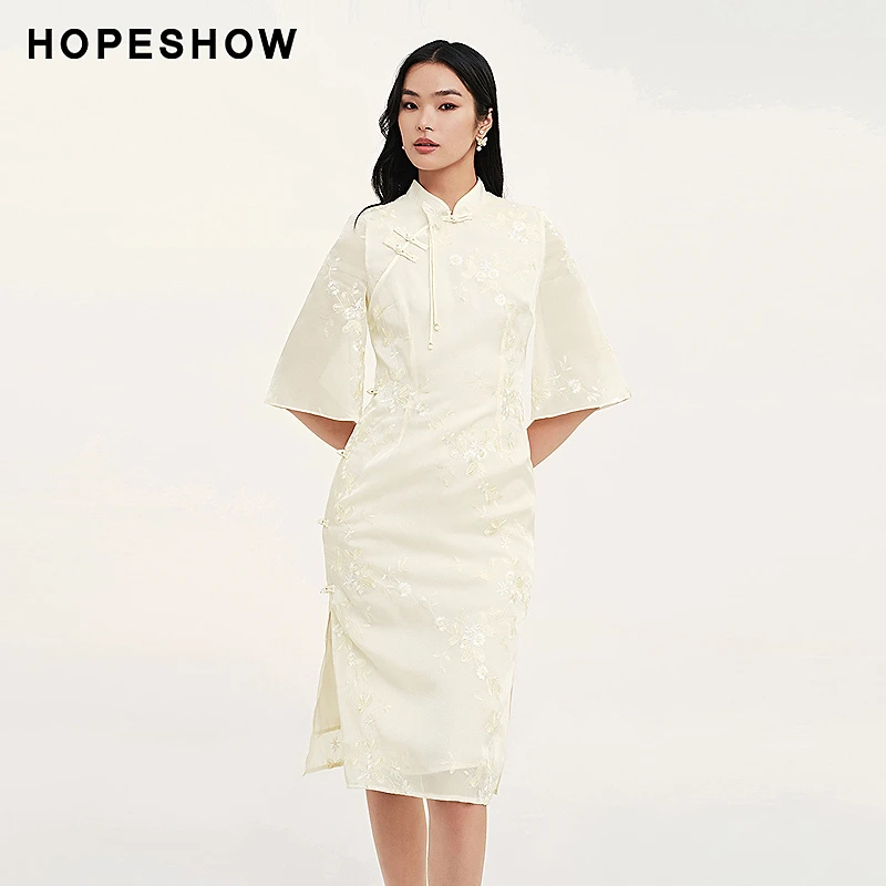 红袖秋季女装 新中式绣花钉珠盘扣斜襟开叉连衣裙89324291605