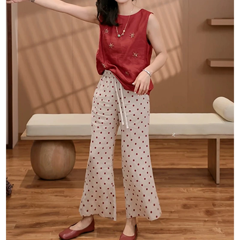 夏季女款波点气质百搭休闲裤+女款工艺定制凯袖马甲上衣LK2503490