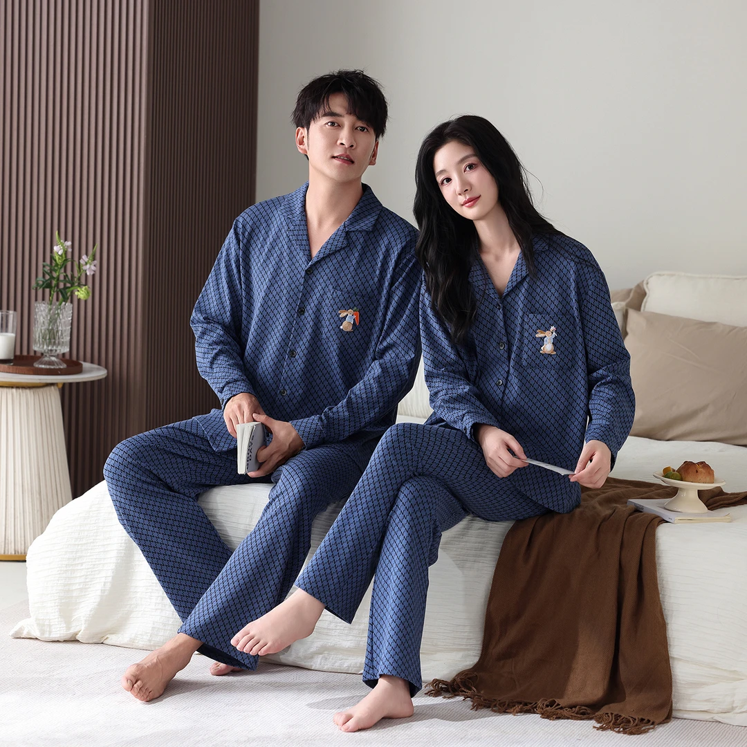 纯棉情侣睡衣开衫长袖家居服套装家居服吸湿排汗宽松大码秋季休闲