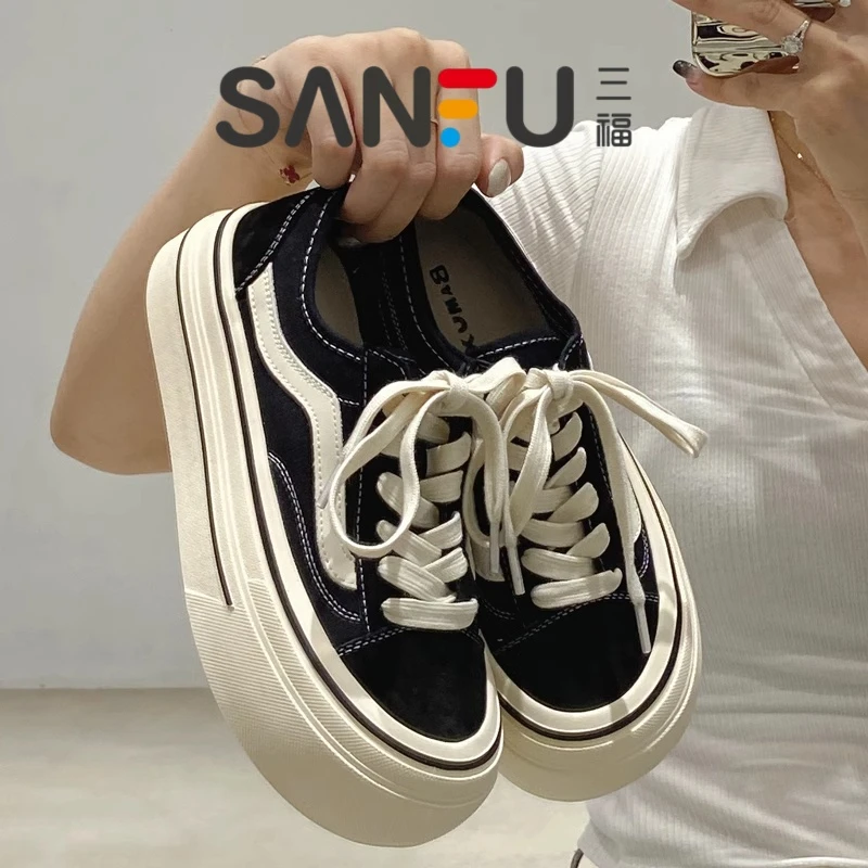 三福休闲运动板鞋2025春季小白鞋高底大头鞋百搭经典厚底帆布鞋女