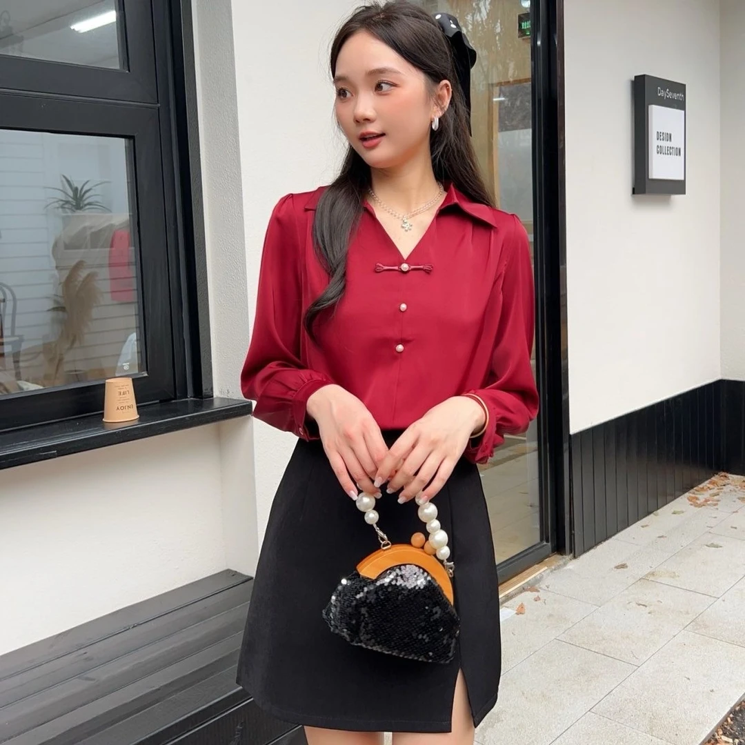X043新中式轻国风衬衣女新款时尚白衬衫Polo领高级感上衣