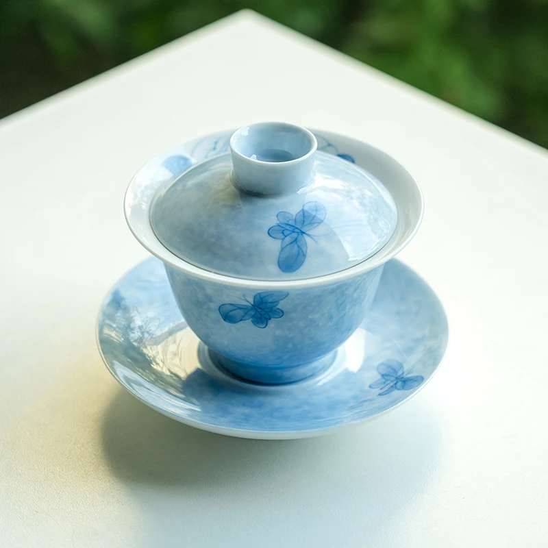 德白纯手绘雾蓝蝴蝶三才盖碗新中式喝茶女士不烫手泡茶器功夫茶具