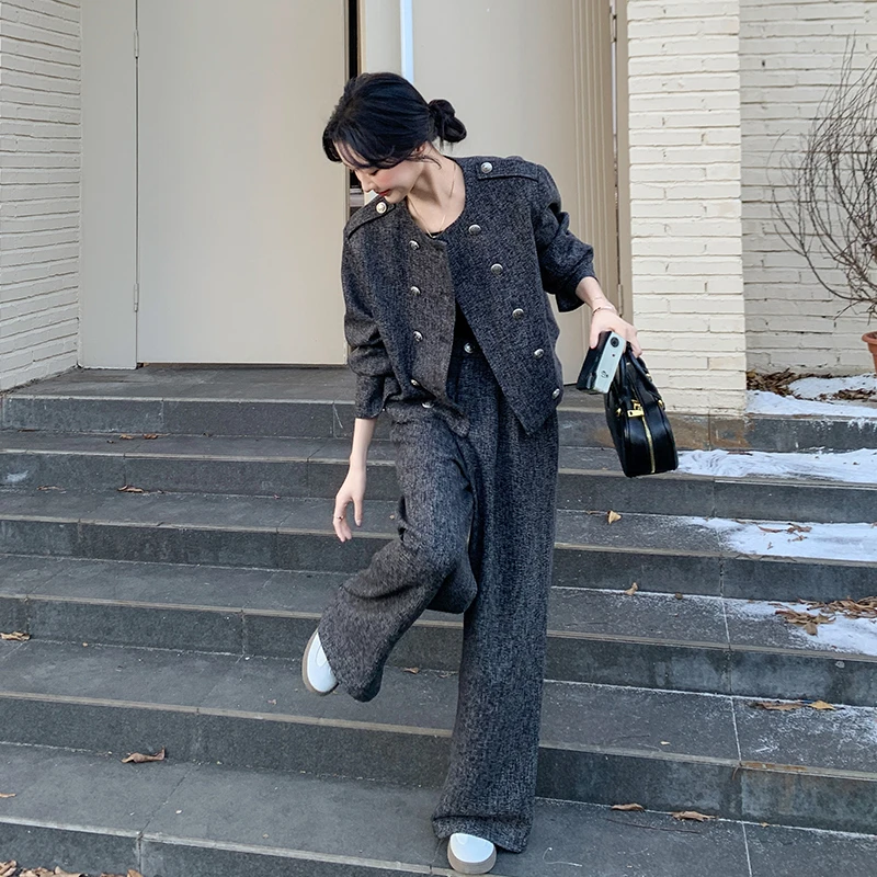 灰色小香风时尚套装女春秋2025新款轻熟风休闲名媛阔腿裤两件套