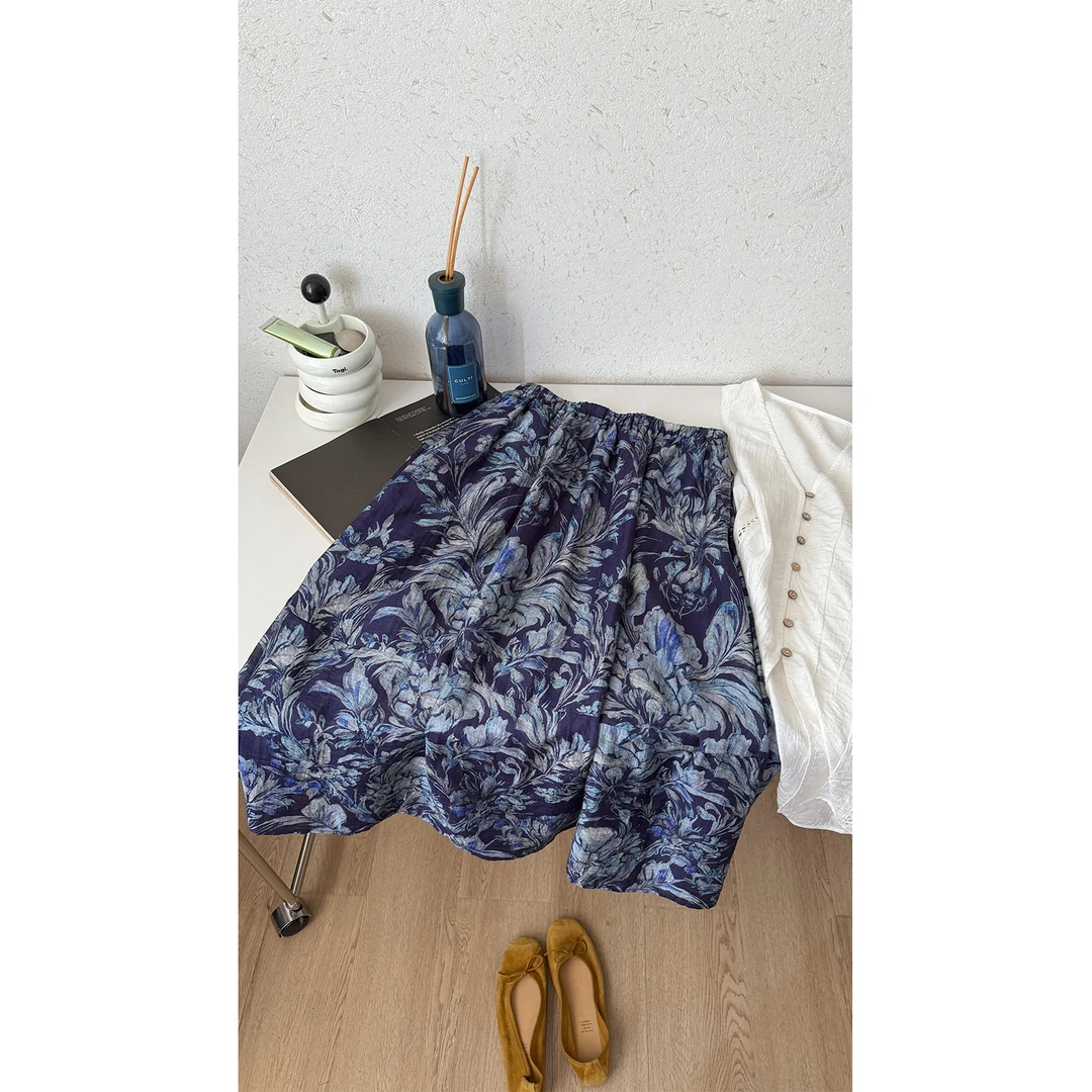 苏安家｜“梵高亚麻裙” 蓝鸢尾亚麻混纺 夏日超凉感显瘦半身裙