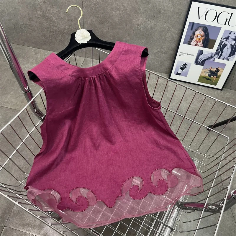 8816麻料系带小衫2025夏季新款圆领拼纱花朵图案时髦吊带衫