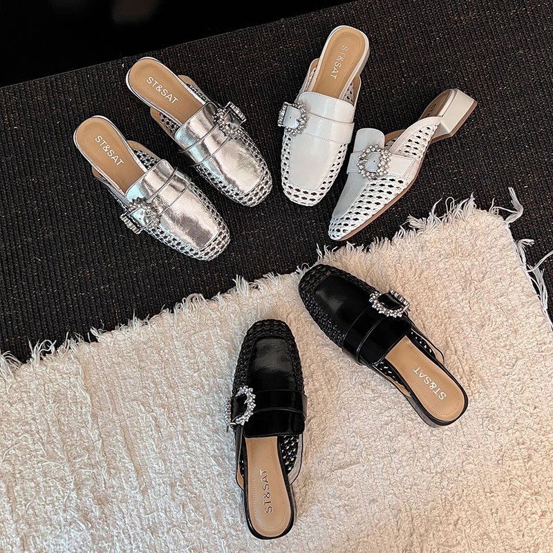 St&Sat/星期六真牛皮法式包头半拖女鞋夏季外穿一脚蹬超软穆勒鞋