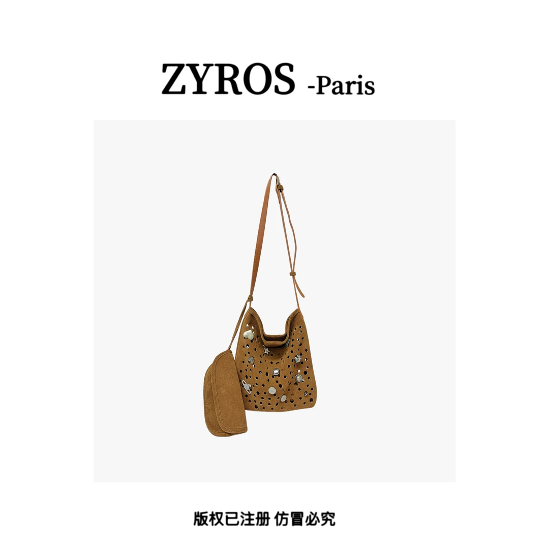 ZYROS/秋冬新款金棕色镂空镶嵌时尚百搭单肩斜挎休闲托特包女Z090