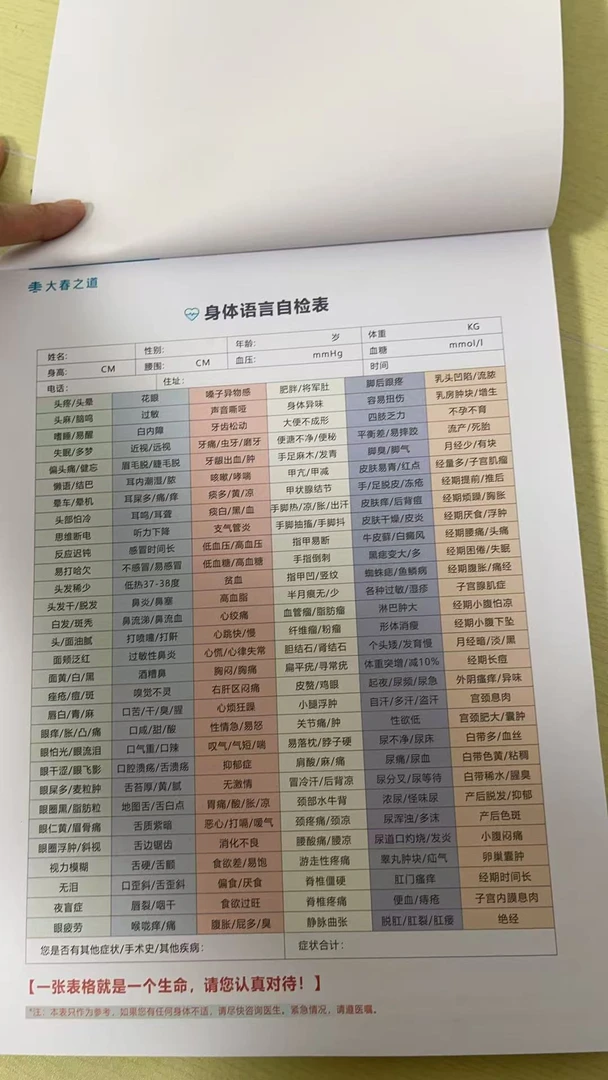 大春之道 自检表326项 单页双面 身体语言+不良生活习惯 100张1本