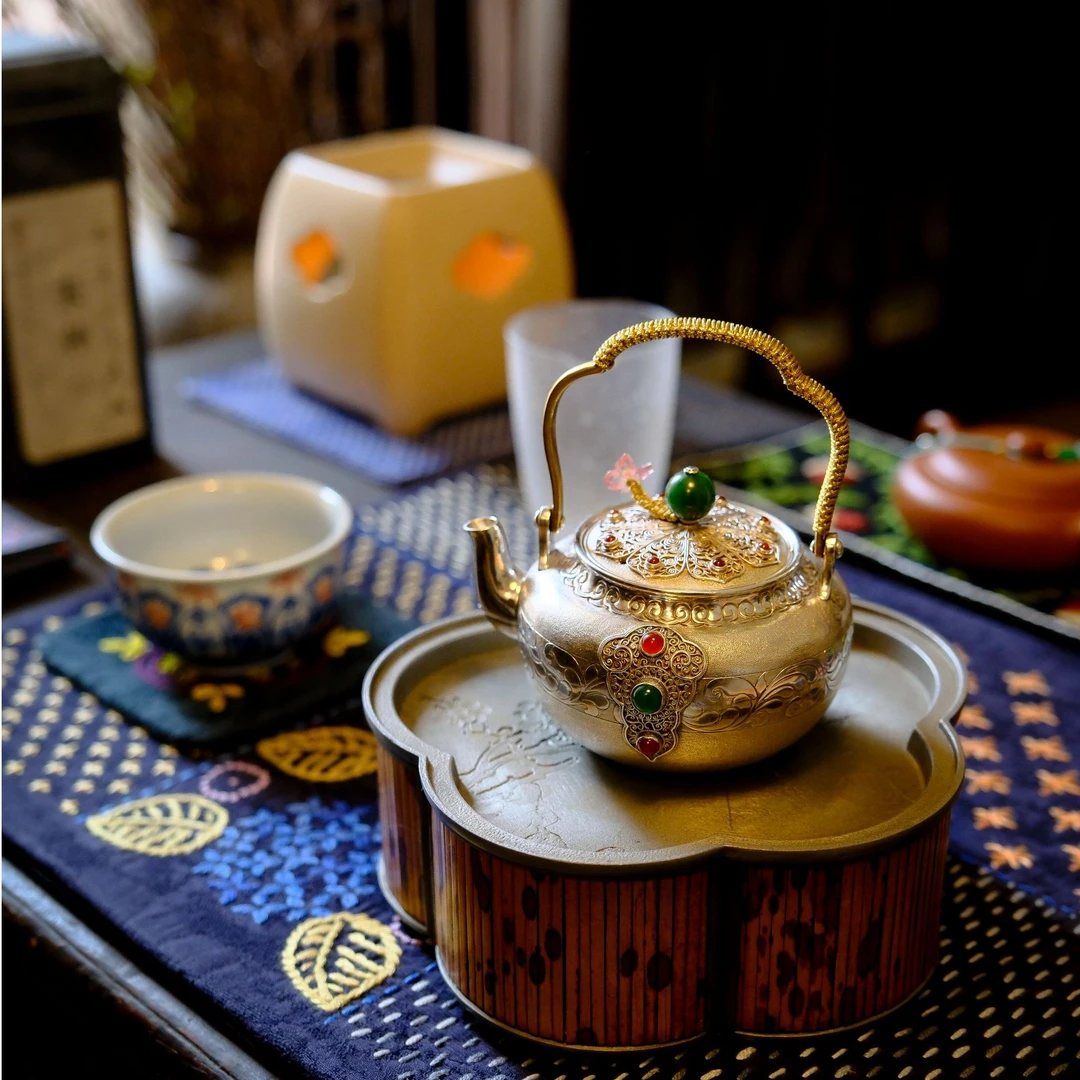 风禾茶铺  银烧水壶 大唐花舞剑刻绘掐丝银壶 全手工泡茶壶