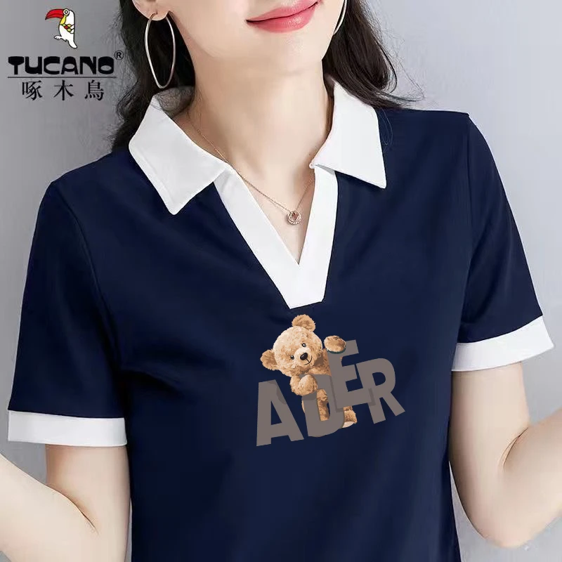 啄木鸟正品夏季爆款修身显瘦T恤女2025年新款韩版短袖翻领上衣潮
