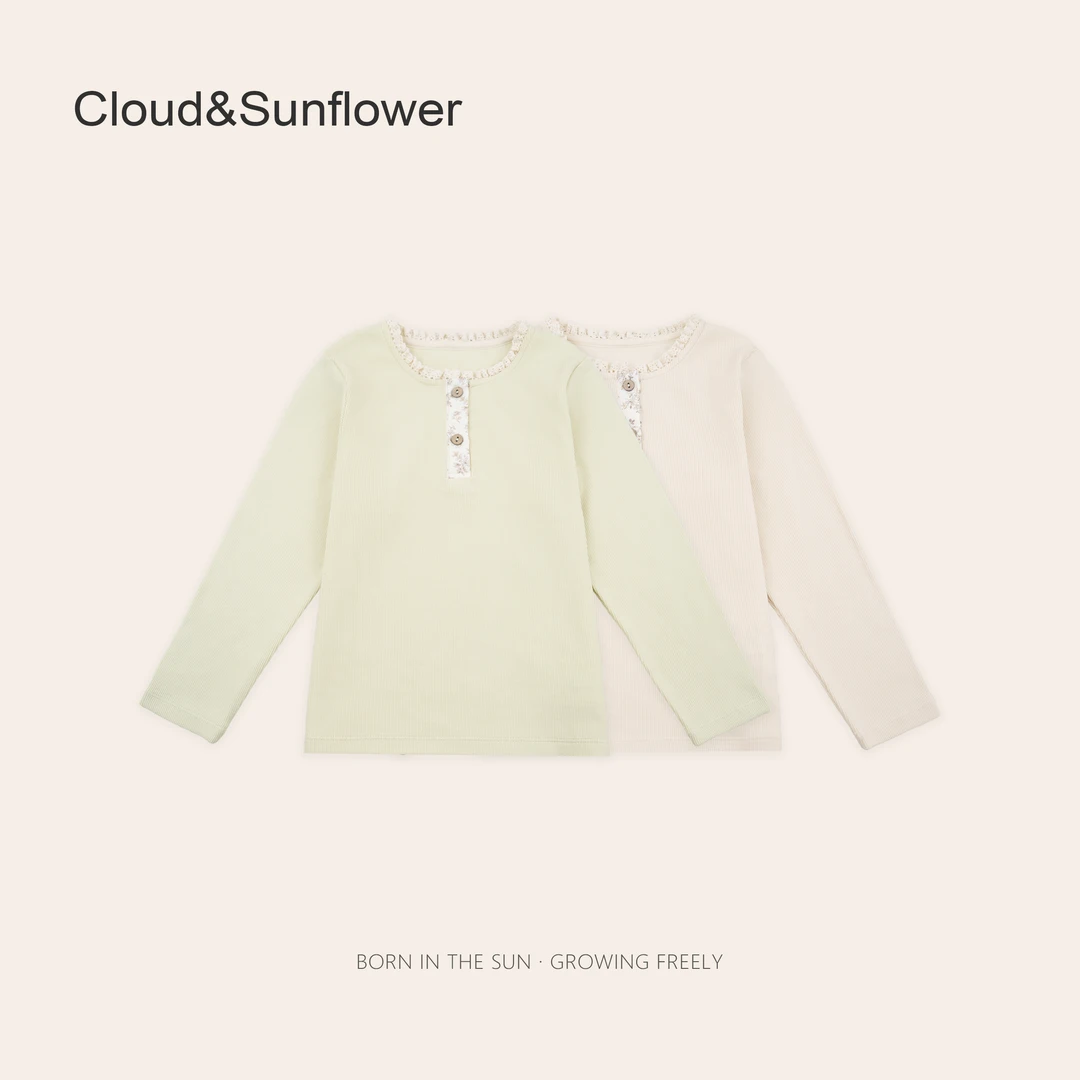 【云朵小葵】女童春季两粒扣蕾丝圆领纯色休闲打底衫660667