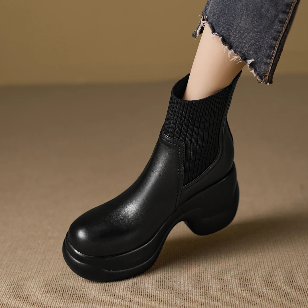 8cm小个子增高厚底短靴秋冬袜靴秋冬圆头针织靴子复古高跟瘦瘦靴