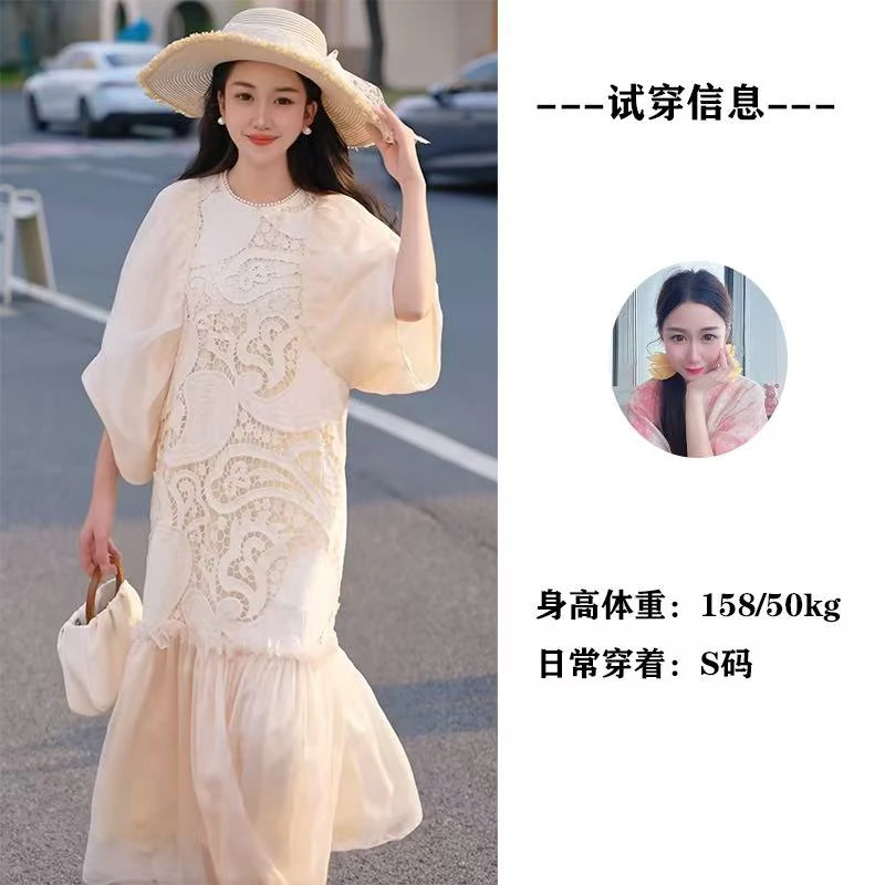 轻中式高端设计感绝美独特长裙女夏气质宽松显瘦网纱拼接连衣裙