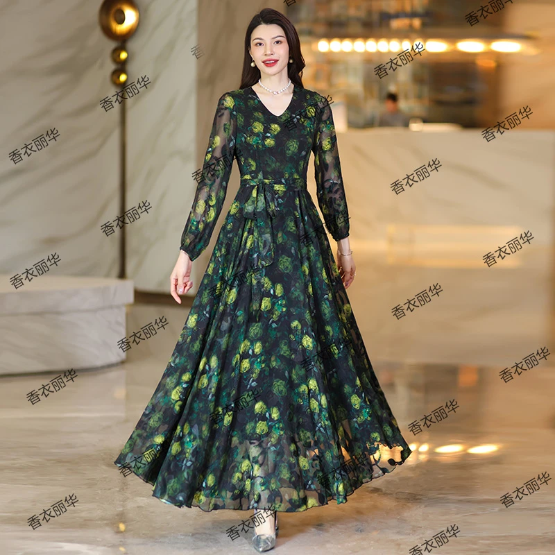 香衣丽华07-351夏季新款V领灯笼袖花色长款过膝大摆连衣裙显瘦