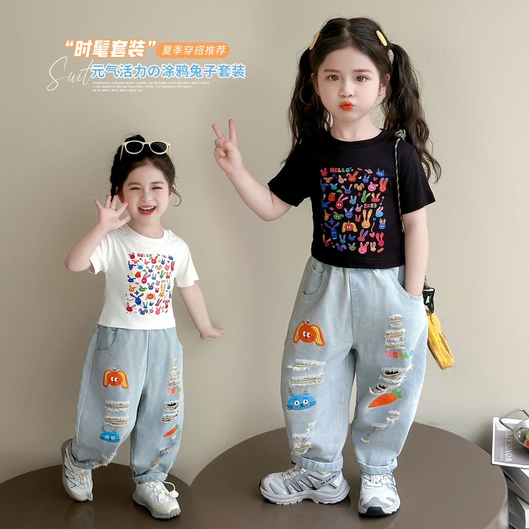 女童破洞牛仔裤洋气儿童夏季新款韩版女宝宝休闲裤两件套小女孩潮