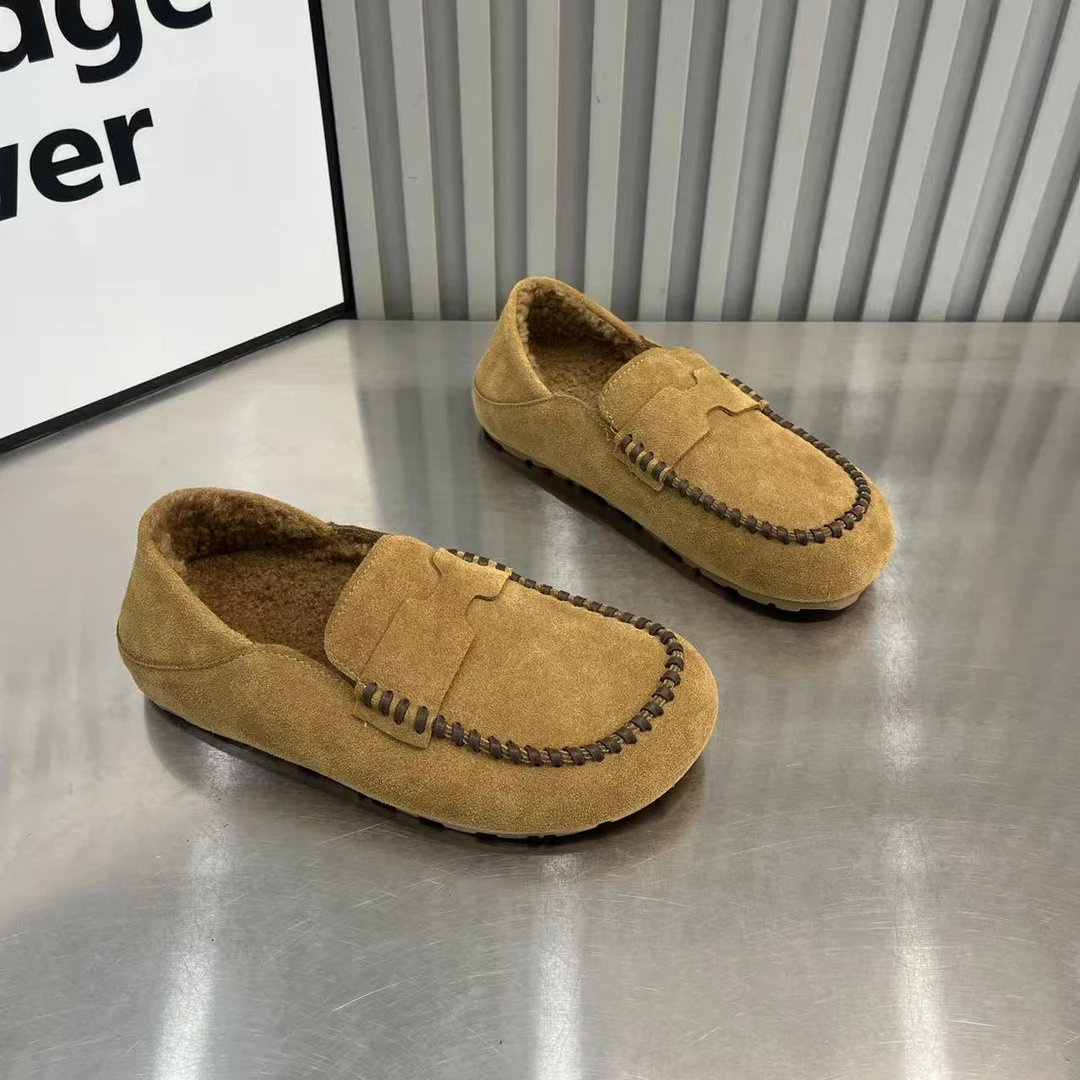 森系加毛真皮一脚蹬勃肯鞋女平底豆豆鞋2025秋季新款休闲乐福单鞋