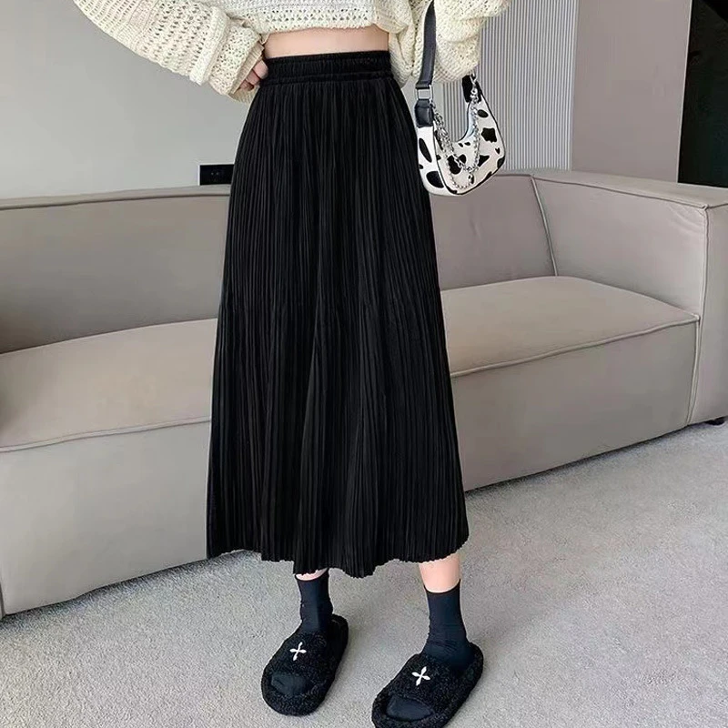 2025年春款高腰百褶裙女休闲气质通勤百搭中长款小个子半身裙