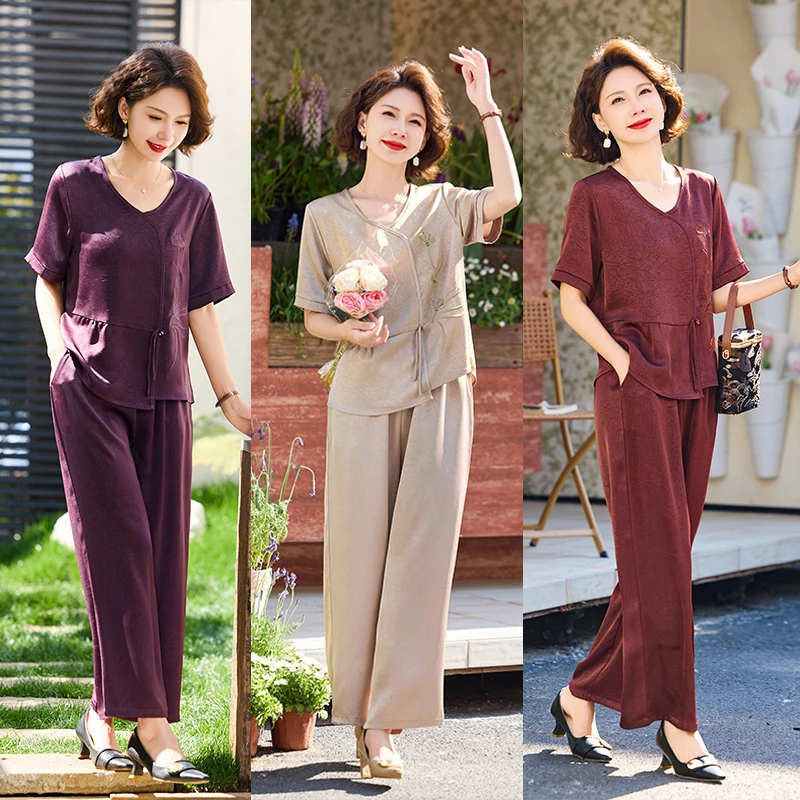 妈妈夏装国风小衫衬衣套装2025新款洋气t恤衬衫两件套气质上衣服