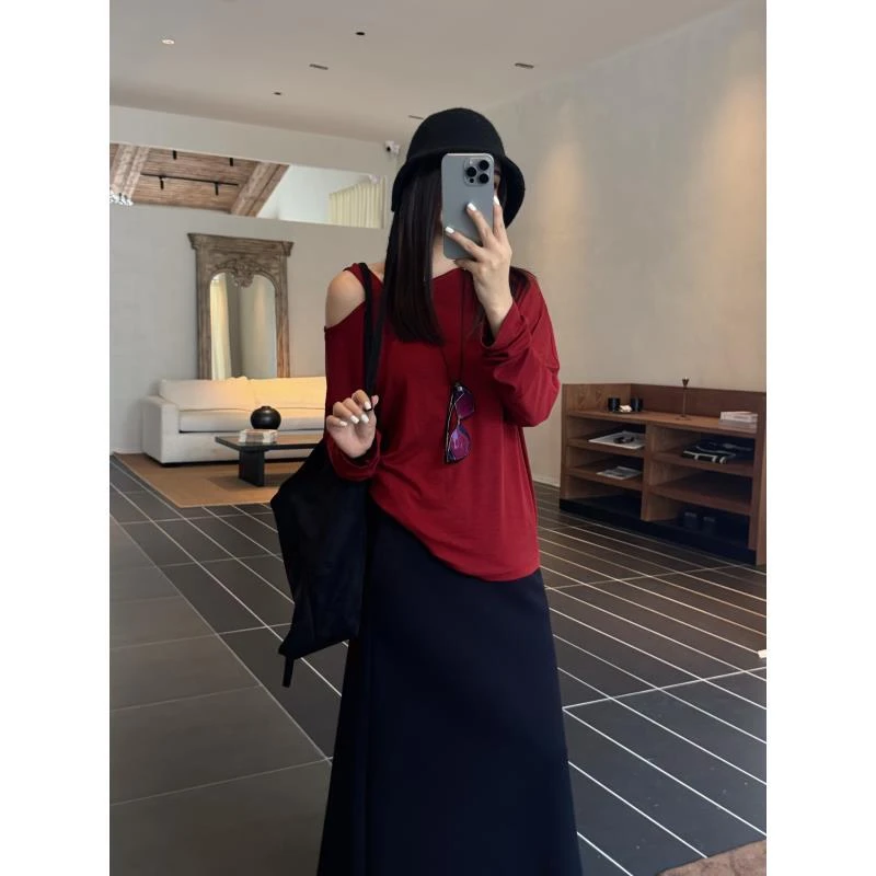 玖黛衣【香肩】新款早秋纯色百搭天丝宽松长袖T恤TXP44019