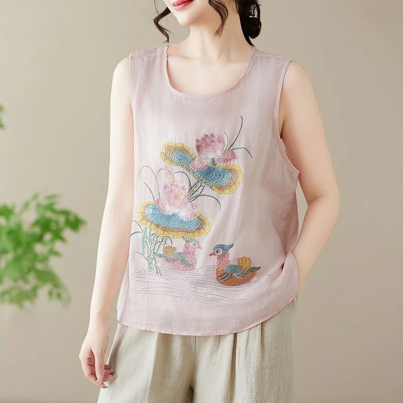 【现货+运费险】重工绣花背心棉麻百搭国风吊带宽松无袖上衣Y996