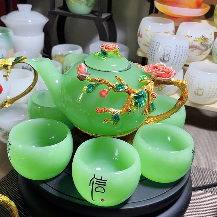 琉璃中式珐琅彩牡丹花一壶六杯礼盒套装