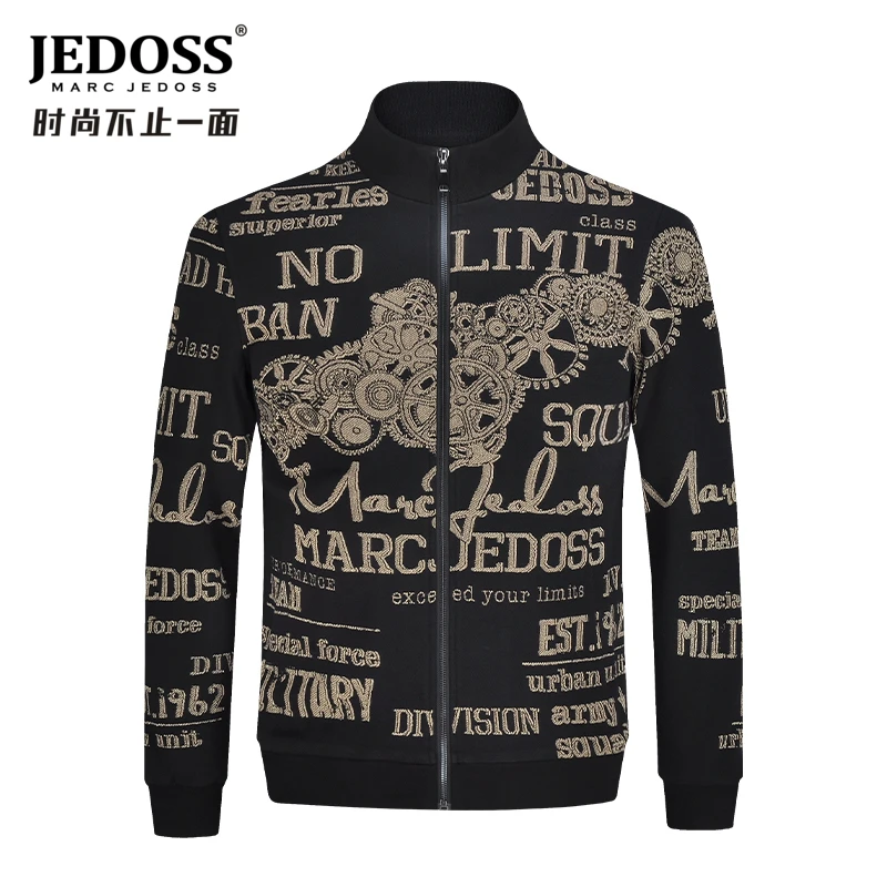 JEDOSS/爵迪斯男装秋冬专柜字母烫金满印花斜纹针织夹克外套0336