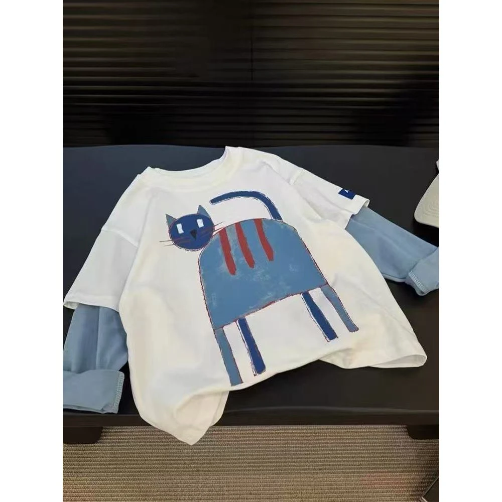 男童韩版撞色设计感打底衫儿童春秋装2025新款儿童假两件宽松上衣