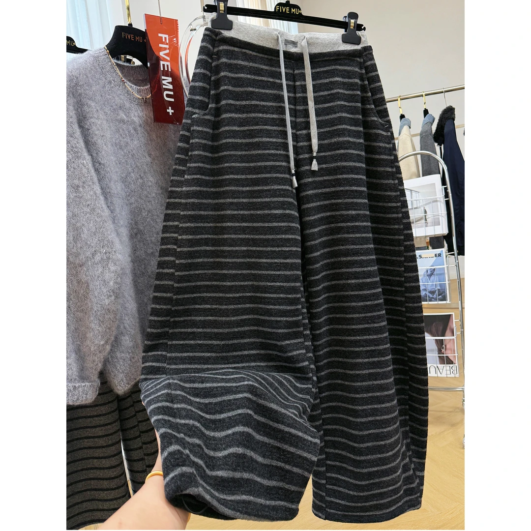 胖mm240斤大码高级感加绒加厚条纹休闲裤女冬季弯刀裤松弛感卫裤